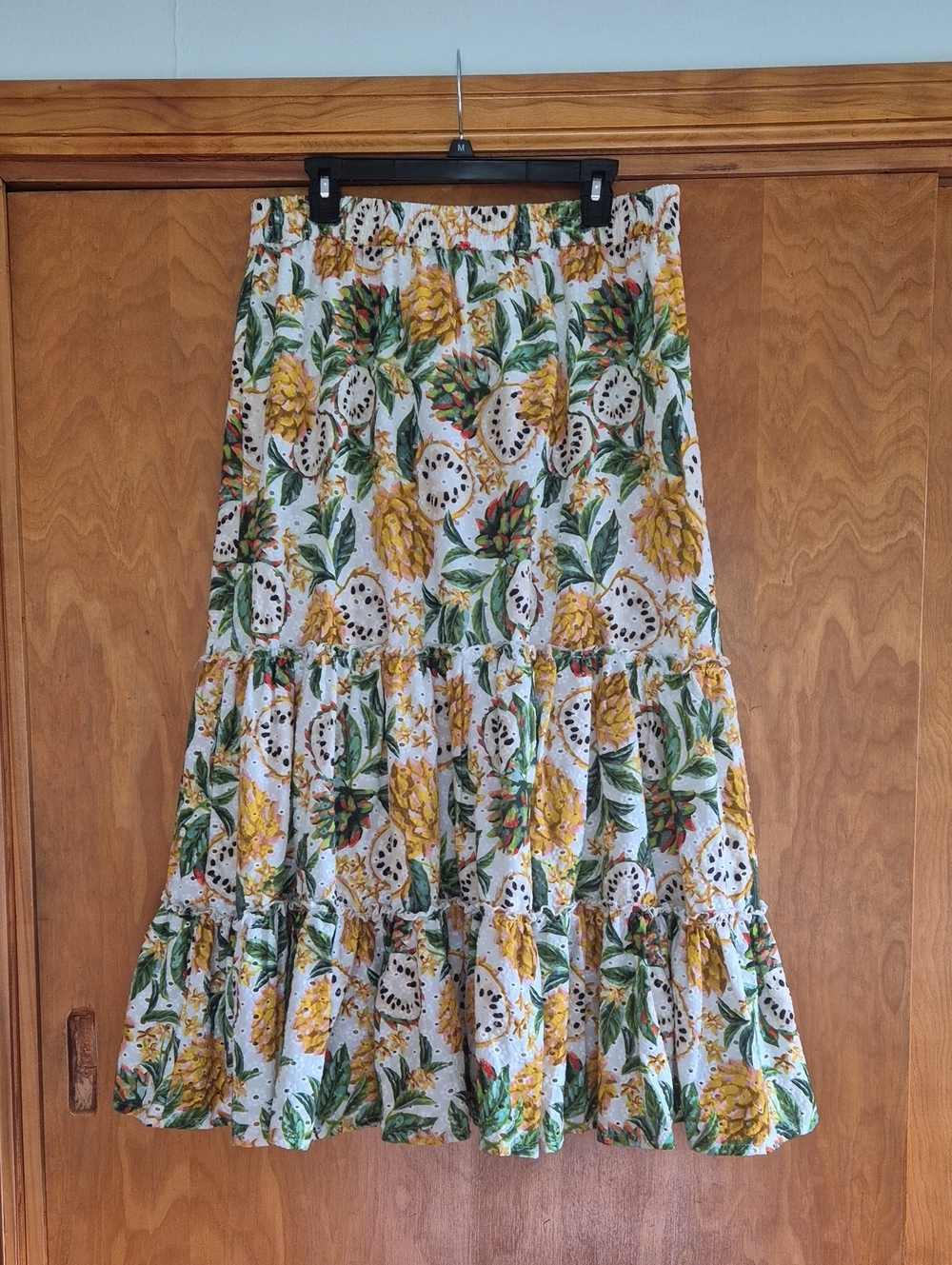 Philosophy 100% Cotton White Yellow Floral Tiered Maxi Skirt with Green Leaves
